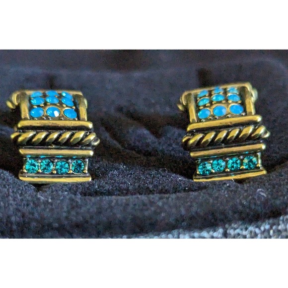 HEIDI DAUS Aquamarine BLUE SWAROVSKI CRYSTAL HALF HOOP EARRINGS Bronze Finish - Picture 5 of 12